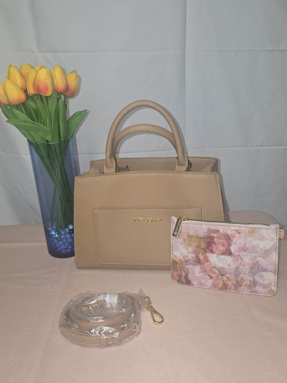 NWT Betsey Johnson 2-in-1 Saffiano Satchel & Floral Pouch Set – Tan/Beige